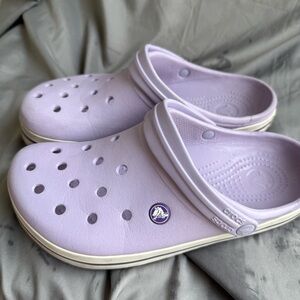 CROCS Purple and White, Unisex shoes, Light Purple Slip on’s. Men 8 Women’s 10